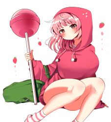 Rule 34 | 1girl, blush, brown eyes, candy, commentary, cookie run, dot nose, expressionless, food, food print, fruit, highres, hood, hoodie, humanization, kimautomne, lollipop, looking at viewer, personification, pink hair, pink hood, pink hoodie, socks, solo, strawberry, strawberry cookie, strawberry print, striped clothes, striped socks