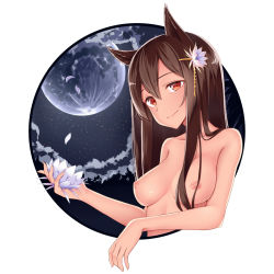 Rule 34 | 1girl, animal ears, breasts, brown eyes, brown hair, closed mouth, fox ears, full moon, hand up, long hair, looking at viewer, medium breasts, moon, nipples, nude, original, outdoors, outside border, petals, pspmaru, simple background, smile, solo, white background