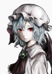 Rule 34 | 1girl, ascot, bat wings, blue hair, brooch, expressionless, eyelashes, hat, hat ribbon, highres, jewelry, kagari (kgr 000), lips, looking at viewer, mob cap, red eyes, remilia scarlet, ribbon, short hair, simple background, slit pupils, solo, touhou, upper body, white background, wings