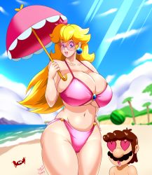Rule 34 | 1boy, 1girl, :d, :o, artist name, bare arms, bare shoulders, beach, belly, bexymoma, big nose, bikini, blonde hair, blue eyes, blue gemstone, blurry, blurry background, breasts, brooch, brown hair, bursting breasts, cleavage, cloud, collaboration, collarbone, crab, earrings, eyelashes, facial hair, fingernails, floating hair, flower, gem, hair flower, hair ornament, hand on own hip, heart, heart-shaped eyes, height difference, highleg, highleg bikini, highres, holding, holding umbrella, huge breasts, jewelry, light rays, lips, long hair, looking at viewer, mario, mario (series), mountain, mustache, nail polish, navel, nintendo, open mouth, outdoors, palm tree, parasol, pink-tinted eyewear, pink bikini, pink flower, pink lips, pink nails, pink umbrella, plump, princess peach, shiny skin, smile, speeds, standing, sunbeam, sunlight, super mario sunshine, swimsuit, taut bikini, taut clothes, thick eyebrows, thighs, tinted eyewear, tree, umbrella, water, watermark