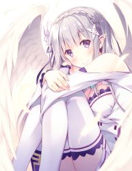 Rule 34 | blush, braid, breasts, cleavage, crown braid, dress, emilia (re:zero), french braid, has bad revision, has downscaled revision, long hair, md5 mismatch, miniskirt, pointy ears, purple eyes, resolution mismatch, sitting, skirt, smile, solo, source smaller, thighhighs, white hair, white thighhighs, wings