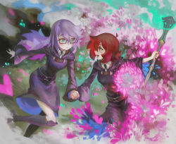 Rule 34 | 10s, 2girls, :d, aqua eyes, belt, black-framed eyewear, black dress, black footwear, blush, boots, bow, bowtie, cherry blossoms, collared shirt, croix meridies, dress, eye contact, female focus, friends, glasses, green eyes, hair between eyes, holding hands, happy, holding, holding staff, hood, hood down, light purple hair, little witch academia, long hair, looking at another, magic, matching hair/eyes, multiple girls, open mouth, parted lips, purple hair, red eyes, red hair, round teeth, semi-rimless eyewear, shiny chariot, shirt, short hair, skirt, smile, staff, standing, teeth, visqi, white shirt, witch, aged down, yuri