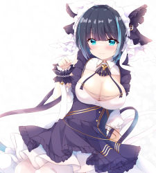 Rule 34 | 1girl, azur lane, backlighting, black dress, black hair, blue eyes, blush, breasts, cheshire (azur lane), cleavage, closed mouth, commentary request, detached sleeves, dress, fang, fang out, fuuna, hand up, highres, large breasts, looking at viewer, paw pose, puffy short sleeves, puffy sleeves, short sleeves, simple background, smile, solo, white background, white sleeves, wrist cuffs