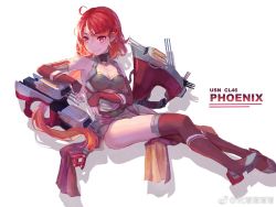 Rule 34 | 1girl, ahoge, azur lane, bekko, breasts, bridal gauntlets, character name, cleavage, commentary request, highres, medium breasts, nail polish, phoenix (azur lane), ponytail, red eyes, red hair, red thighhighs, rigging, rudder footwear, sitting, smile, solo, thighhighs