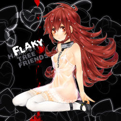 Rule 34 | 1girl, ahoge, brown eyes, brown hair, choker, flaky (happy tree friends), happy tree friends, looking at viewer, mary janes, messy hair, nightgown, personification, see-through, shoes, sitting, solo, tagme, wariza, white legwear