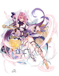 Rule 34 | 1girl, :d, aqua ribbon, ark order, bare shoulders, blush, breasts, covered navel, detached sleeves, dress, feathered wings, floating, full body, hair ribbon, hand up, head wings, hermes (ark order), highres, holding, holding scepter, knee up, large breasts, long hair, looking at viewer, obiwan, official art, open mouth, panties, pink hair, purple eyes, ribbon, sandals, scepter, sidelocks, signature, simple background, single thighhigh, sleeveless, smile, solo, thigh strap, thighhighs, toeless footwear, underwear, very long hair, white background, white panties, white thighhighs, wings
