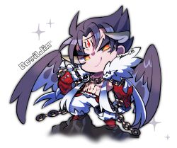 Rule 34 | 1boy, black hair, black wings, cape, chain, character name, chibi, claws, closed mouth, devil jin, facial mark, forehead jewel, full body, fur-trimmed cape, fur trim, gloves, kazama jin, kotorai, looking at viewer, male focus, no nose, orange eyes, red footwear, red gloves, smile, solo, standing, studded gloves, tekken, thick eyebrows, topless male, v-shaped eyebrows, white cape, wings