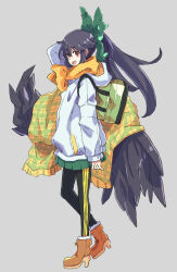Rule 34 | 1girl, :d, adapted costume, bird wings, black pants, black wings, boots, bow, brown footwear, full body, green bow, green skirt, grey background, hair bow, high heel boots, high heels, highres, hood, hoodie, jack (wkm74959), long sleeves, looking at viewer, miniskirt, one-hour drawing challenge, open mouth, pants, plaid, ponytail, red eyes, reiuji utsuho, simple background, skirt, smile, standing, striped clothes, striped pants, touhou, white hoodie, wings