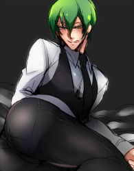 Rule 34 | 1boy, arc system works, ass, blazblue, green hair, hazama, kaneaki mukku, licking lips, lying, male focus, naughty face, necktie, no headwear, no headwear, on side, short hair, solo, tongue, tongue out, vest, yellow eyes