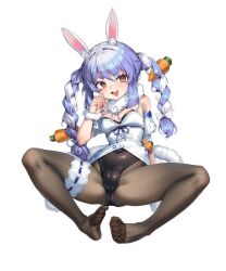 Rule 34 | 1girl, absurdres, aiza-ku, animal ear fluff, animal ears, black leotard, black pantyhose, blue hair, blush, bow, braid, breasts, carrot hair ornament, cleavage, don-chan (usada pekora), dress, food-themed hair ornament, fur-trimmed dress, fur trim, hair bow, hair ornament, highres, hololive, leotard, looking at viewer, multicolored hair, open mouth, orange eyes, pantyhose, rabbit-shaped pupils, rabbit ears, rabbit girl, short eyebrows, small breasts, smile, solo, streaked hair, symbol-shaped pupils, transparent background, twin braids, usada pekora, usada pekora (1st costume), virtual youtuber, white bow, white dress, white hair