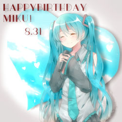 Rule 34 | 1girl, aqua hair, character name, dated, detached sleeves, closed eyes, happy birthday, hatsune miku, highres, hina, long hair, microphone, necktie, shiki hinako, sleeves past wrists, smile, solo, twintails, very long hair, vocaloid