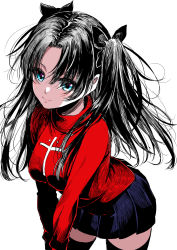 Rule 34 | 1girl, attsun (atsushi jb), black hair, black ribbon, black skirt, black thighhighs, blue eyes, breasts, closed mouth, commentary request, cross, fate/stay night, fate (series), hair ribbon, highres, latin cross, leaning forward, long sleeves, looking at viewer, medium breasts, miniskirt, pleated skirt, red sweater, ribbon, simple background, sketch, skirt, smile, solo, sweater, thighhighs, tohsaka rin, turtleneck, turtleneck sweater, two side up, white background, zettai ryouiki
