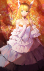 Rule 34 | 1girl, absurdres, artist name, bare shoulders, blonde hair, blurry, blurry background, collarbone, detached sleeves, dress, female focus, floating hair, green eyes, hand up, highres, jewelry, layered dress, long dress, long hair, looking at viewer, neck, necklace, original, parted lips, solo, standing, strapless, strapless dress, swd3e2, very long hair, white detached sleeves, white dress
