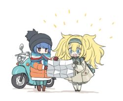 Rule 34 | 2girls, blue eyes, blue hair, casual, chibi, commentary request, crossover, gambier bay (kancolle), gloves, kantai collection, long hair, makishima azusa, map, messy hair, motor vehicle, motorcycle, multiple girls, open mouth, red eyes, scarf, shima rin, simple background, tears, twintails, white background, yurucamp