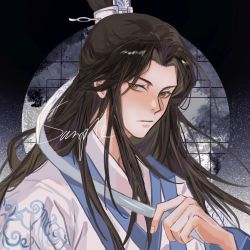 Rule 34 | 1boy, black hair, chinese clothes, chinese commentary, closed mouth, commentary request, hair ornament, hanfu, highres, holding, lan wangji, long hair, long sleeves, looking to the side, male focus, modao zushi, robe, shufa guan, siiideee, solo, white robe, xiao guan (headdress), yellow eyes