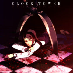 Rule 34 | 1girl, brown hair, clock tower: the first fear, clock tower (series), female focus, hedge clippers, jennifer simpson, long hair, lying, on stomach, petals, red eyes, solo, sunakumo