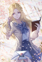 Rule 34 | 1girl, absurdres, adjusting eyewear, blonde hair, book, branch, curtains, douluo dalu, frown, glasses, hair ornament, highres, letter, long hair, petals, marriage proposal, qian renxue (douluo dalu), qian renxue er, solo, window