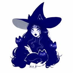 Rule 34 | 1girl, :&lt;, animal, artist name, blue eyes, cat, commentary, curly hair, english commentary, glowing, glowing eyes, hand tattoo, hat, holding, holding animal, holding cat, limited palette, lips, long hair, original, solo, tattoo, thick eyebrows, upper body, vicki tsai, witch hat
