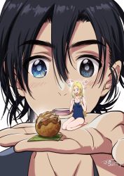 Rule 34 | 1boy, 1girl, absurdres, ajiro shinpei, barefoot, black eyes, black hair, blonde hair, blue eyes, blue one-piece swimsuit, blush, chinese commentary, commentary request, competition swimsuit, dated, food, fork, hair between eyes, heterochromia, highres, holding, holding food, holding fork, holding knife, in palm, jewelry, knife, kofune ushio, long hair, looking at another, mini person, minigirl, necklace, one-piece swimsuit, open mouth, procreate (medium), school swimsuit, shell, shell necklace, short hair, simple background, sitting, sitting on hand, smile, summertime render, swimsuit, takoyaki, tiangongtileisabujin, white background