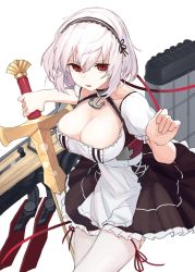 Rule 34 | 1girl, anchor choker, aoiro (t aoiro123), azur lane, breasts, choker, cleavage, collarbone, commentary, frilled choker, frills, hair between eyes, hairband, highres, holding, holding weapon, large breasts, leaning forward, looking at viewer, open mouth, puffy short sleeves, puffy sleeves, red eyes, red ribbon, ribbon, ribbon-trimmed legwear, ribbon trim, short hair, short sleeves, simple background, sirius (azur lane), solo, standing, sword, thighhighs, weapon, white background, white hair, white thighhighs