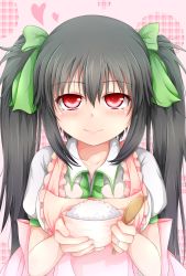 Rule 34 | 1girl, absurdres, akkii (meragold), alternate hairstyle, apron, bad id, bad pixiv id, black hair, blush, bow, bowl, commentary request, female focus, food, hair bow, heart, highres, jewelry, long hair, looking at viewer, puffy sleeves, red eyes, reiuji utsuho, rice, ring, shirt, short hair, short sleeves, solo, spoon, touhou, twintails, upper body