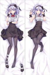 Rule 34 | 10s, 1girl, arm up, arms up, bakugadou, bed sheet, black pantyhose, black skirt, blue eyes, blush, bow, bowtie, breast hold, breasts, closed mouth, dagashi kashi, dakimakura (medium), double v, eyebrows, female focus, flower, frills, full body, hair flower, hair ornament, hairband, high-waist skirt, looking at viewer, lying, medium breasts, multiple views, neck ribbon, no shoes, on back, open mouth, pantyhose, pleated skirt, purple eyes, red bow, red bowtie, red ribbon, ribbon, scrunchie, shidare hotaru, shoes, unworn shoes, short sleeves, single shoe, skirt, smile, suspender skirt, suspenders, v, wrist scrunchie