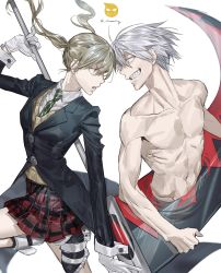 Rule 34 | 1boy, 1girl, absurdres, black jacket, blonde hair, cardigan, chamuring, clenched teeth, collared shirt, cowboy shot, fighting stance, gloves, green necktie, grey hair, grin, hair between eyes, highres, holding, holding scythe, jacket, long hair, long sleeves, looking at another, maka albarn, necktie, parted lips, plaid, plaid skirt, pleated skirt, red eyes, red skirt, scythe, sharp teeth, shirt, short hair, skirt, smile, soul eater, soul evans, striped necktie, teeth, toned, toned male, topless male, twintails, twitter username, weapon behind back, white gloves, white shirt, yellow cardigan