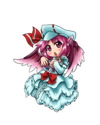 Rule 34 | 1girl, animal ears, bird wings, blush, bow, capelet, claws, cosplay, curiosities of lotus asia, d.koutya, dress, female focus, fingernails, hat, hat ribbon, jewelry, long fingernails, mystia lorelei, nail polish, open mouth, pink hair, purple eyes, remilia scarlet, remilia scarlet (cosplay), ribbon, sharp fingernails, simple background, solo, touhou, white background, wings