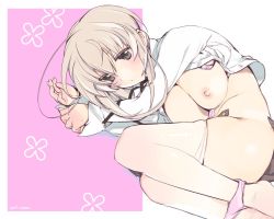 Rule 34 | 1girl, ahoge, blonde hair, bra, bra pull, breasts, clothes pull, expressionless, grey eyes, large breasts, light brown hair, long sleeves, lying, nipples, on side, open clothes, open skirt, orion (orionproject), panties, panty pull, pantyhose, pantyhose pull, pink bra, pink panties, short hair, simple background, skirt, solo, underwear, white pantyhose