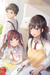 Rule 34 | 1boy, 2girls, :d, apron, black hair, blue bow, blue shirt, blush, bow, bowl, brown apron, brown eyes, brown hair, closed mouth, collared shirt, commentary request, cooking, food, green apron, hair between eyes, hair bow, hair ribbon, highres, holding, holding bowl, holding knife, indoors, knife, lettuce, long hair, long sleeves, mixing bowl, mole, mole under eye, multiple girls, necktie, one side up, open mouth, original, pink apron, puffy short sleeves, puffy sleeves, red necktie, red ribbon, ribbon, school uniform, shiro kuma shake, shirt, short sleeves, smile, tomato, twintails, white shirt