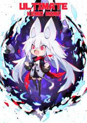 Rule 34 | 1girl, animal ears, black footwear, black thighhighs, chibi, chromatic aberration, clenched hands, fang, floating, hair between eyes, highres, long hair, mamuru, open mouth, original, red eyes, skin fang, solo, tail, thighhighs, v-shaped eyebrows, very long hair, white hair