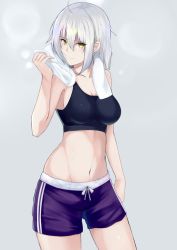 Rule 34 | 1girl, alternate costume, bare arms, bare shoulders, breasts, closed mouth, collarbone, cowboy shot, fate/grand order, fate (series), hair between eyes, jeanne d&#039;arc (fate), jeanne d&#039;arc alter (avenger) (fate), jeanne d&#039;arc alter (fate), looking at viewer, medium breasts, navel, short hair, shorts, silver hair, solo, stomach, tank top, towel, towel around neck, yamikyon, yellow eyes