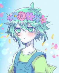 1boy antenna_hair basil_(headspace)_(omori) basil_(omori) blue_overalls blush closed_mouth colored_skin flower germany_omori green_eyes green_hair green_shirt head_wreath highres looking_at_viewer male_focus omori overalls shirt short_hair short_sleeves solo t-shirt white_skin