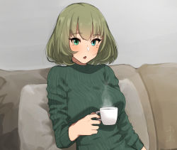 Rule 34 | 1girl, :o, arm at side, blue eyes, blush, breasts, coffee mug, couch, cup, green eyes, green sweater, grey background, heterochromia, holding, holding cup, idolmaster, idolmaster cinderella girls, long sleeves, medium breasts, mole, mole under eye, mug, on couch, open mouth, pillow, senju (snz0), short hair, simple background, solo, steam, sweater, takagaki kaede, tsurime, upper body