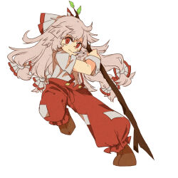 Rule 34 | 1girl, blush stickers, bow, branch, brown footwear, cigarette, commentary, english commentary, ezier, frilled pants, frills, fujiwara no mokou, hair bow, highres, holding, holding branch, leg up, long hair, looking at viewer, multiple hair bows, ofuda, ofuda on clothes, pants, puffy pants, puffy short sleeves, puffy sleeves, red eyes, red pants, red trim, shirt, shoes, short sleeves, suspenders, thick eyebrows, torn clothes, touhou, v-shaped eyebrows, very long hair, wavy mouth, white background, white bow, white hair, white shirt, white wrist cuffs, wrist cuffs