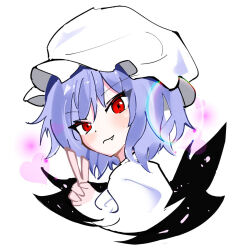 Rule 34 | 1girl, blue hair, blush, close-up, closed mouth, colored eyelashes, commentary, fang, from side, hair between eyes, hat, heart, kyuu cat, lens flare, looking at viewer, mob cap, red eyes, remilia scarlet, short hair, simple background, sketch, solo, touhou, tsurime, v, white background, white hat