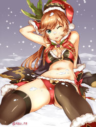 Rule 34 | 10s, 1girl, abo (hechouchou), aqua eyes, bare shoulders, brown hair, brown thighhighs, cape, clarisse (granblue fantasy), gloves, granblue fantasy, green eyes, hat, highres, long hair, looking at viewer, navel, one eye closed, panties, ponytail, red panties, santa hat, snow, snow on body, snow on head, snowing, solo, spread legs, thighhighs, tongue, tongue out, underwear, very long hair