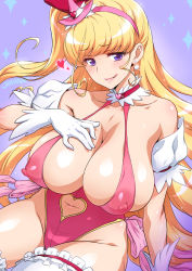 Rule 34 | 1girl, :q, asahina mirai, blonde hair, blush, breasts, clothing cutout, collarbone, covered erect nipples, cure miracle, cure miracle (ruby style), gloves, hairband, heart, heart cutout, huge breasts, joy ride, long hair, looking at viewer, magical girl, mahou girls precure!, navel, navel cutout, precure, purple eyes, smile, solo, thighhighs, tongue, tongue out, white gloves, white thighhighs
