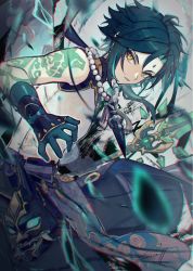 Rule 34 | 1boy, arm tattoo, armor, baggy pants, bead necklace, beads, black pants, black shirt, commentary request, facial mark, feet out of frame, forehead mark, genshin impact, green hair, highres, holding, holding polearm, holding weapon, jewelry, looking at viewer, male focus, mask, nakaba (mode), necklace, pants, parted bangs, parted lips, polearm, primordial jade winged-spear (genshin impact), shirt, short hair with long locks, sidelocks, sleeveless, sleeveless shirt, solo, tattoo, weapon, xiao (genshin impact), yellow eyes