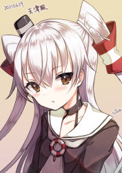 Rule 34 | 1girl, amatsukaze (kancolle), beige background, brown dress, brown eyes, character name, dated, dress, hair tubes, hat, kantai collection, lifebuoy ornament, long hair, looking at viewer, mini hat, one-hour drawing challenge, sailor dress, short dress, silica (silica silylate), silver hair, simple background, smokestack hair ornament, solo, two side up, upper body
