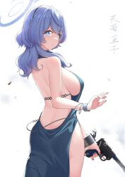 Rule 34 | 1girl, ako (blue archive), ako (dress) (blue archive), ass, back, backless dress, backless outfit, bare shoulders, blue archive, blue dress, blue eyes, blue hair, bracelet, breasts, chain, cuffs, dress, gun, hair between eyes, hairband, halo, highres, jewelry, large breasts, looking at viewer, looking back, medium hair, nail polish, shackles, shiroi ume, sideboob, solo, weapon