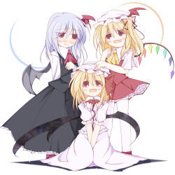 Rule 34 | 3girls, :d, ascot, atapon, bat (animal), bat wings, between legs, blonde hair, blouse, blush, cosplay, costume switch, darkness, embodiment of scarlet devil, fang, female focus, flandre scarlet, hair ornament, hair ribbon, hand between legs, hand on another&#039;s head, hand on headwear, hat, unworn hat, head wings, unworn headwear, headwear switch, lace, light purple hair, long sleeves, multiple girls, open mouth, own hands together, red eyes, remilia scarlet, remilia scarlet (cosplay), ribbon, rumia, rumia (cosplay), shirt, shoes, short hair, siblings, side ponytail, simple background, sisters, sitting, skirt, skirt set, smile, thighhighs, touhou, v arms, vest, wariza, wavy mouth, white background, white legwear, white shirt, wings
