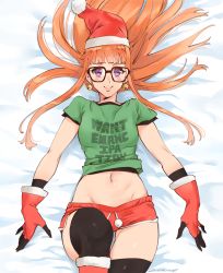 Rule 34 | 10s, 1girl, bed sheet, bell, bell earrings, black-framed eyewear, black thighhighs, blunt bangs, blush, boots, breasts, christmas, clothes writing, earrings, glasses, gloves, green shirt, hat, highres, jewelry, jingle bell, kenshin187, knee boots, leg up, long hair, looking at viewer, lying, midriff, navel, on back, orange hair, persona, persona 5, purple eyes, red gloves, red shorts, sakura futaba, santa hat, shirt, short shorts, short sleeves, shorts, small breasts, smile, solo, t-shirt, thigh gap, thighhighs, thighhighs under boots
