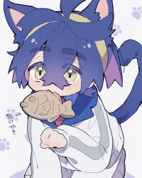 Rule 34 | 1boy, animal ears, arrow (symbol), black hair, blush, cat boy, cat ears, cat tail, collared shirt, commentary request, creatures (company), food, game freak, hair between eyes, hairband, hand up, highres, jacket, kieran (pokemon), long sleeves, male focus, mouth hold, necktie, nekojiri, nintendo, paw pose, pokemon, pokemon sv, red necktie, shirt, solo, tail, taiyaki, translation request, wagashi, white background, white jacket, yellow eyes, yellow hairband