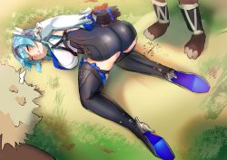 Rule 34 | 1girl, 2others, artist request, ass, bare shoulders, bdsm, blue hair, blush, boots, bound, bound wrists, breasts, defeat, embarrassed, eula (genshin impact), from above, from behind, genshin impact, gloves, hairband, high heel boots, high heels, hilichurl (genshin impact), large breasts, long hair, multiple others, parted lips, shiny clothes, short shorts, shorts, sideboob, solo focus, thigh boots, thighhighs, top-down bottom-up, yellow eyes
