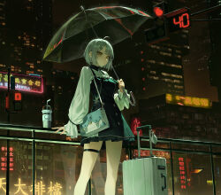 Rule 34 | 1girl, absurdres, ahoge, city, cup, disposable cup, dress, grey hair, hair ornament, hairclip, highres, holding, holding umbrella, looking at viewer, night, original, short hair, solo, suitcase, thigh strap, traffic light, umbrella, xzu, yellow eyes