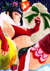 Rule 34 | 1girl, abs, alternate costume, armpits, bokkusu, breasts, christmas, cleavage, drill hair, elbow gloves, fur collar, fur trim, gift, gloves, han juri, hat, looking at viewer, midriff, mini hat, mini top hat, nail polish, navel, red gloves, sitting, skirt, smile, snow, snowing, solo, street fighter, street fighter v, thighhighs, toned, top hat, twin drills
