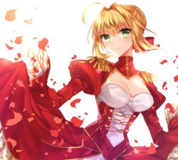 Rule 34 | 1girl, ahoge, bad id, bad pixiv id, blonde hair, bow, braid, breasts, cleavage, closed mouth, commentary request, dress, eburidei hitomigokuu, epaulettes, fate/extra, fate (series), green eyes, hair between eyes, hair bow, hair bun, hair intakes, highres, juliet sleeves, long sleeves, looking at viewer, medium breasts, nero claudius (fate), nero claudius (fate) (all), nero claudius (fate/extra), petals, puffy sleeves, red bow, red dress, sidelocks, simple background, single hair bun, sleeves past wrists, smile, solo, white background, wide sleeves