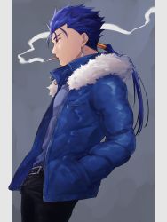 Rule 34 | 1boy, alternate costume, beads, belt, blue hair, cigarette, closed mouth, cowboy shot, cu chulainn (fate), earrings, fate/stay night, fate (series), from side, fuji121, fur-trimmed jacket, fur trim, hair beads, hair ornament, hands in pockets, highres, jacket, jewelry, cu chulainn (fate/stay night), long hair, male focus, pants, ponytail, red eyes, smoke, smoking, solo, spiked hair, type-moon