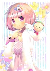 Rule 34 | 1girl, blue bow, blue flower, blush, bow, closed mouth, commentary request, copyright request, dress, floral background, flower, food, food-themed hair ornament, hair bow, hair ornament, hairband, hand up, hood, hood down, hooded jacket, jacket, kou hiyoyo, long sleeves, looking at viewer, onigiri, onigiri hair ornament, open clothes, open jacket, pink bow, pink dress, pink flower, pink hair, pink hairband, pink ribbon, polka dot, polka dot dress, purple eyes, ribbon, smile, striped, striped background, vertical stripes, virtual youtuber, white jacket, yellow bow, yellow flower